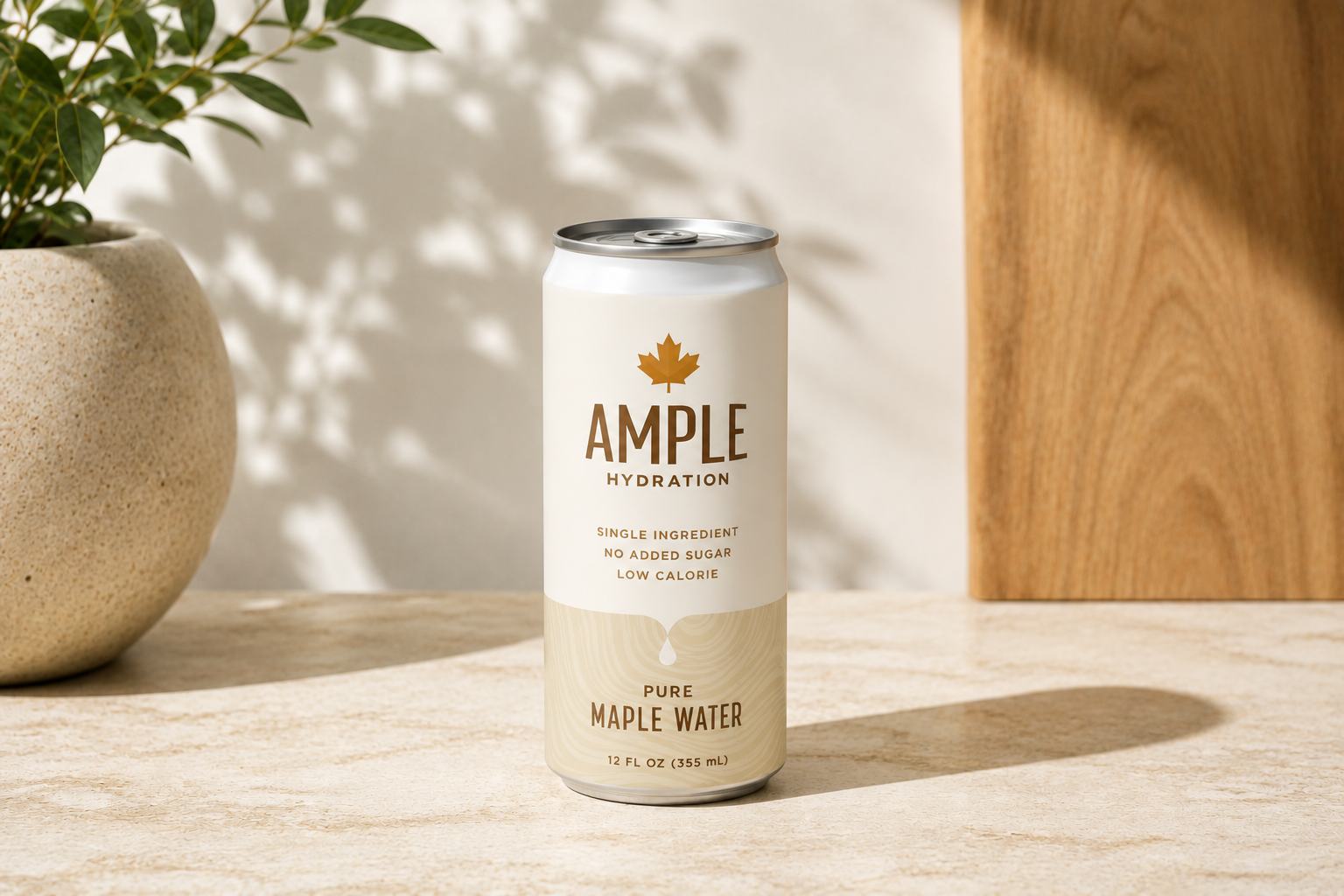 Ample can on a terrazzo countertop with afternoon plant shadows