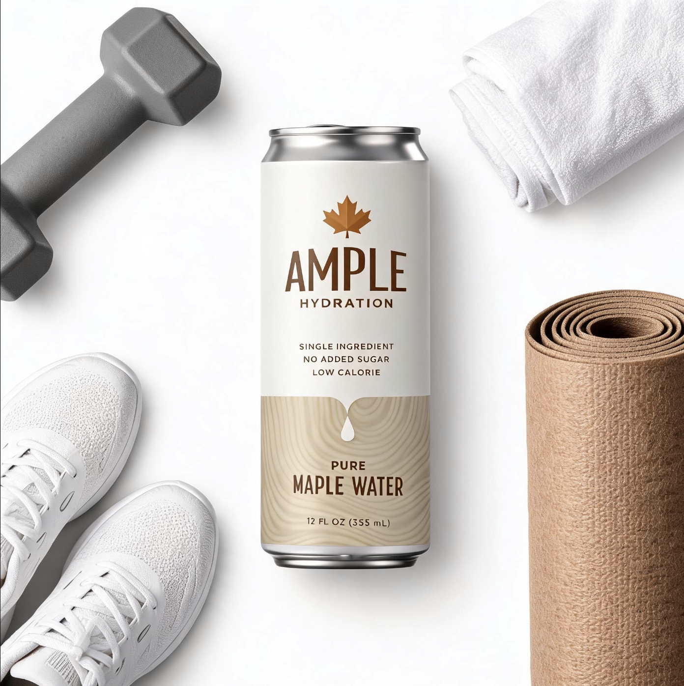 Ample beside a dumbbell, towel, yoga mat and running shoes